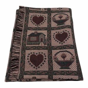 (1990’s) Woven Cotton Tapestry Hearts & Home Throw Blanket